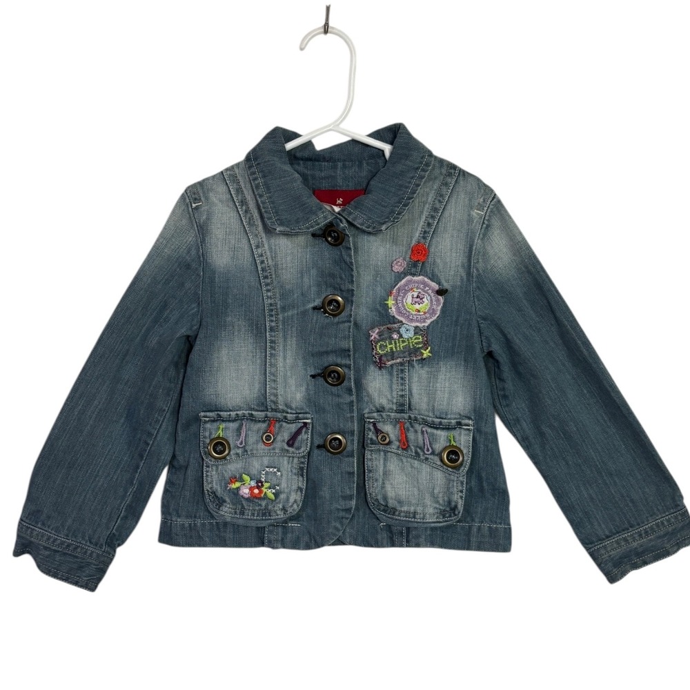 Vintage Chipie Girls Denim Jacket Blue Embroidered Flower Pockets Sz 6 Western